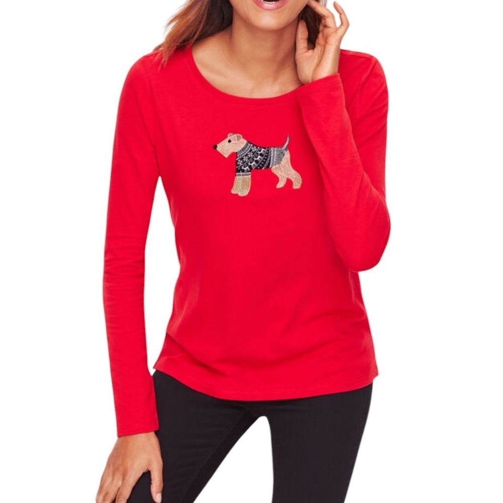 Talbots Womens XL Red Cotton Long Sleeve Tee Embroidered Terrier Dog Graphic